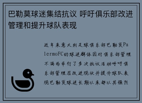 巴勒莫球迷集结抗议 呼吁俱乐部改进管理和提升球队表现