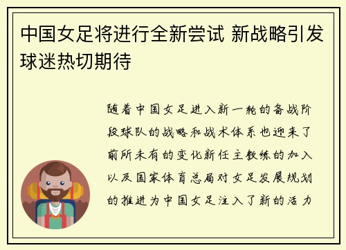 中国女足将进行全新尝试 新战略引发球迷热切期待