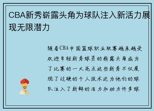 CBA新秀崭露头角为球队注入新活力展现无限潜力